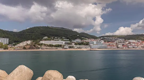 Panorama Showing View Sesimbra Town Port Timelapse Portugal Skyline Landscape — Stock Photo, Image