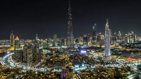 Dubai Downtown Night Timelapse Burj Khalifa Other Towers View Top — Stock Photo, Image