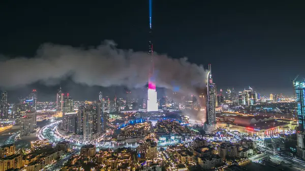 Dubai Burj Khalifa New Year Fireworks Celebration Timelapse Fire Accident — Stock Photo, Image