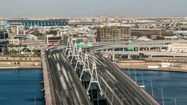 Business Bay Crossing Bridge Traffic Timelapse Lane Bridge Dubai Creek — Stock Photo, Image