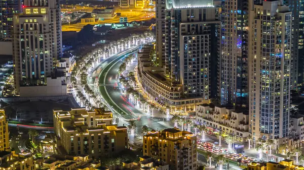 Top Kilátás Közúti Csomópont Dubai Belvárosában Légi Időintervallum Éjszakai Forgalom — Stock Fotó