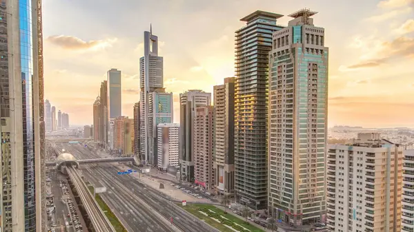 Downtown Dubai Towers Evening Timelapse Aerial View Sheikh Zayed Road — Stock Photo, Image