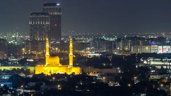 Dubais Skyline Mit Der Nachts Beleuchteten Jumeirah Moschee Dubai Vereinigte — Stockfoto