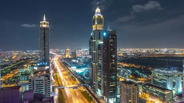 Dubai Architettura Centro Notte Timelapse Vista Aerea Dall Alto Sulla — Foto Stock