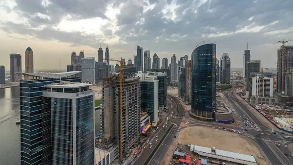 Dubai Business Bay Towers Aerial Day Night Transition Timelapse Rooftop — Stock Photo, Image