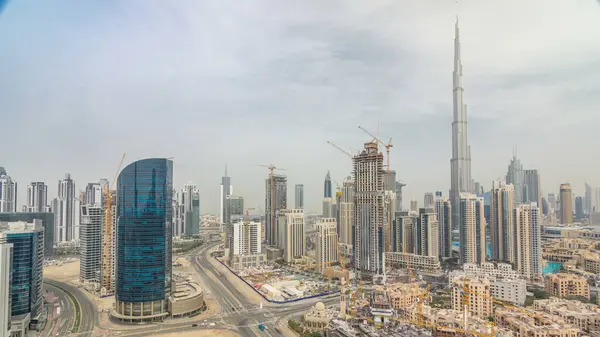Downtown Dubai Skyline Mit Wohntürmen Zeitraffer Blick Vom Dach Bewölkter — Stockfoto