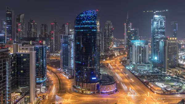 Dubai Business Bay Türme Antenne Zeitraffer Nacht Blick Von Der — Stockfoto