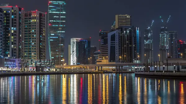 Dubai Business Bay Torri Notte Timelapse Vista Alcuni Grattacieli Illuminati — Foto Stock