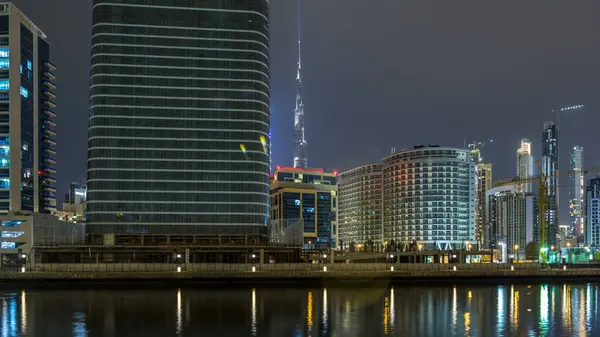 Dubai Business Bay Towers Night Timelapse View Some Illuminated Skyscrapers — Stock Photo, Image