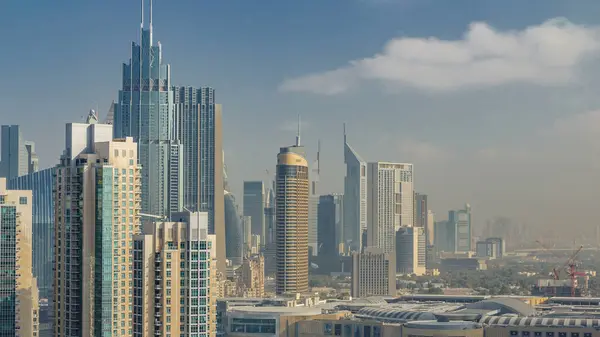 Downtown Dubai Skyline Com Arranha Céus Torres Timelapse Vista Telhado — Fotografia de Stock