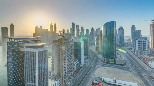 Dubai Business Bay Towers Sunset Aerial Timelapse Rooftop Panoramic View — Stock Photo, Image