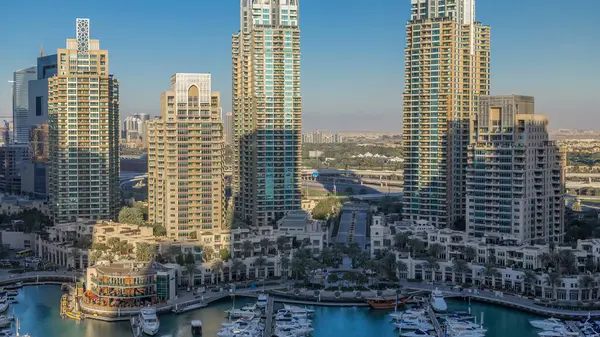 Dubai Marina Skyscrapers Aerial Timelapse Port Luxury Yachts Marina Promenade — Stock Photo, Image