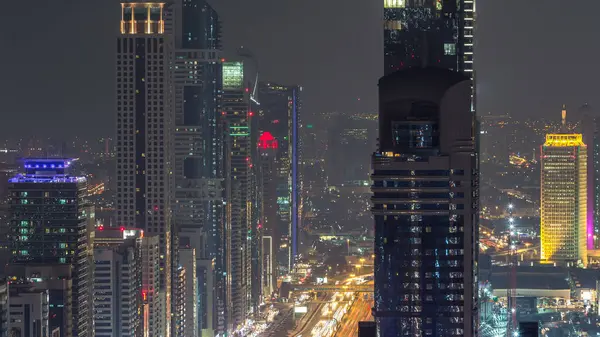 Dubai Downtown Освещенные Небоскребы Ночью Timelape Современные Туалеты Вид Сверху — стоковое фото