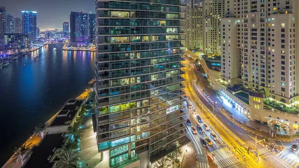 Yövalaistus Dubai Marina Jbr Antenni Timelapse Arabiemiirikunnat Nykyaikaiset Pilvenpiirtäjät Asuinrakennukset — kuvapankkivalokuva