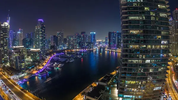 Water Canal Dubai Marina Skyline Night Timelapse Residential Towers Lighting — Stock Photo, Image