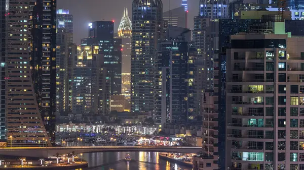 Water Canal Promenade Dubai Marina Skyline Night Timelapse Residential Towers — Stock Photo, Image