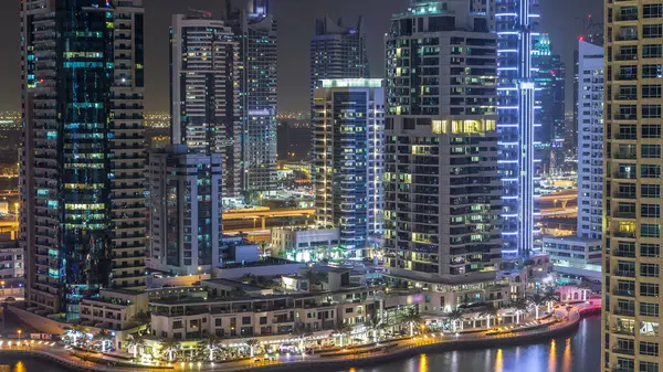 Kanał Wodny Promenada Dzielnicy Dubai Marina Skyline Nocy Timelapse Wieże — Zdjęcie stockowe