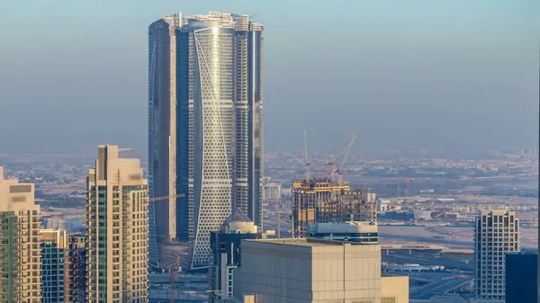 Dubai Centrum Kvällen Timelapse Lyxiga Moderna Byggnader Business Bay Ljusa — Stockfoto