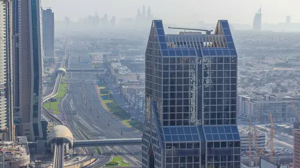 Dubai Downtown Skyline Evening Timelapse Sheikh Zayed Road Intersection Traffic — Stock Photo, Image