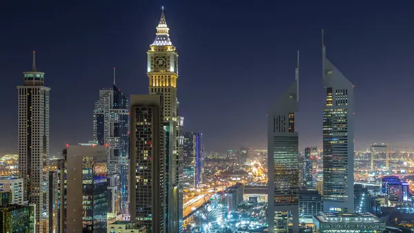 Vue Panoramique Des Bâtiments Sheikh Zayed Road Espace Temps Nocturne — Photo