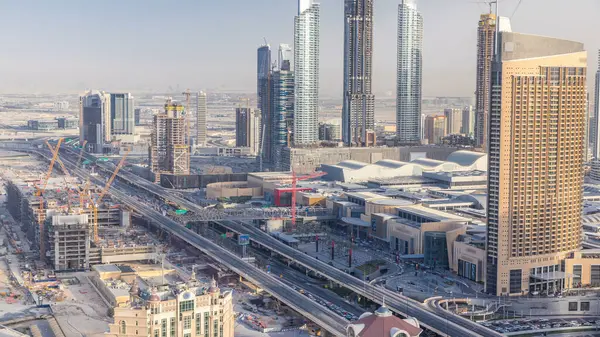 Dubai Skyline Centro Atardecer Timelapse Tráfico Por Carretera Cerca Centro —  Fotos de Stock
