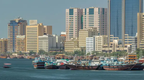 Trading Wooden Boats Port Timelapse Merchant Ships Creek Canal Skyscrapers — Stock Photo, Image