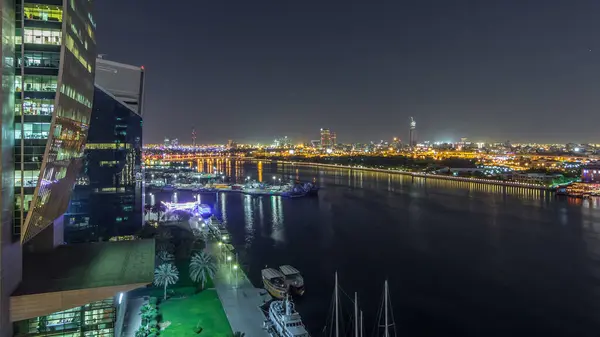 Dubai Creek Landscape Night Timelapse Boats Yachts Modern Buildings Traffic — Stock Photo, Image