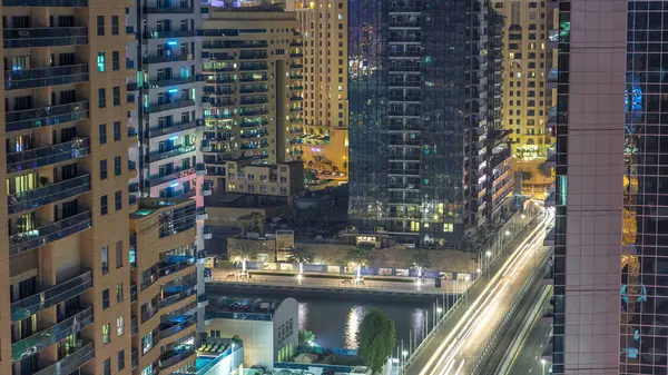 Luchtfoto Van Dubai Marina Vanaf Een Uitkijkpunt Nacht Timelapse Moderne — Stockfoto
