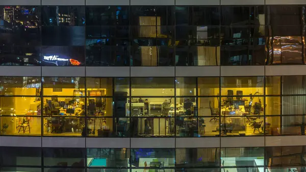 Çok Öykülü Modern Cam Metal Ofis Kadar Işık Gece Timelapse — Stok fotoğraf