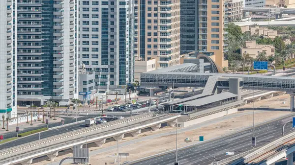 Hava Görünümünde Dubai Tramvay Dubai Marina Timelapse Marina Jbr Alanı — Stok fotoğraf
