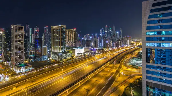 Fantastic Rooftop Skyline Dubai Marina Timelapse Illuminated Skyscrapers Big City — Stock Photo, Image