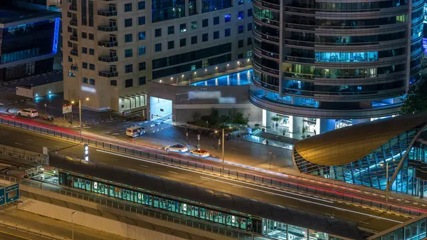 Flygfoto Över Dubai Spårvagn Dubai Marina Natt Timelapse Dubai Spårvagn — Stockfoto