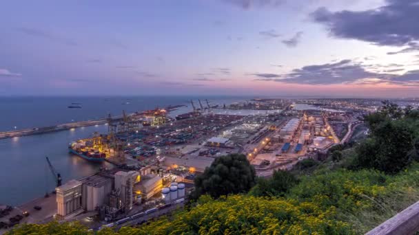 Dia Para Noite Transição Horário Porto Docas Carregamento Porto Barcelonas — Vídeo de Stock