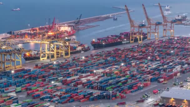 Day Night Transition Timelapse Barcelonas Seaport Loading Docks Aerial View — Stock Video