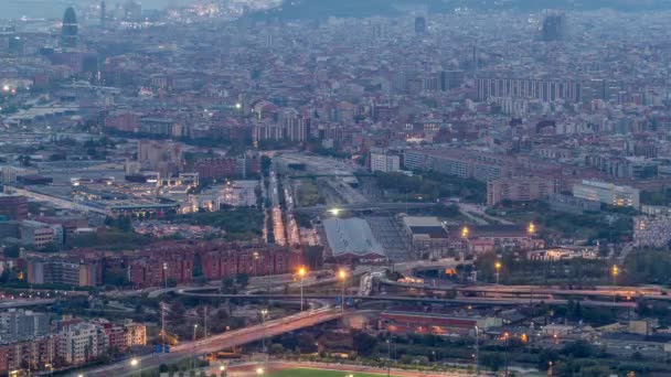 Giorno Alla Notte Transizione Timelapse Barcellona Badalona Skylines Vista Aerea — Video Stock