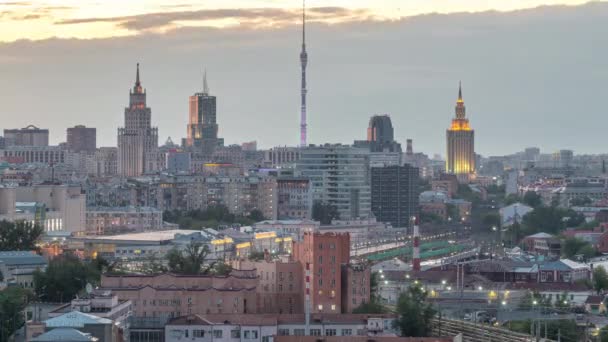 Ostankino Toren Stalin Wolkenkrabbers Buurt Van Het Station Van Dag — Stockvideo