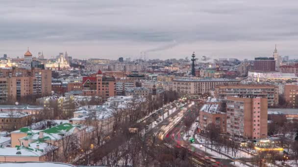 Dag Till Natt Övergång Timelapse Antenn Panoramautsikt Över Moskva City — Stockvideo