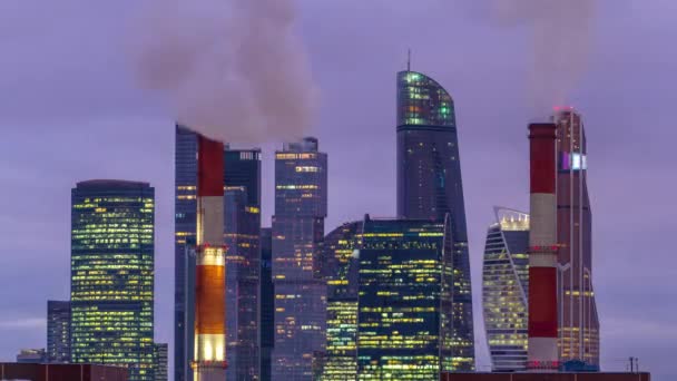 Dag Till Natt Övergång Timelapse Moskva City Skyskrapor Vintern Med — Stockvideo