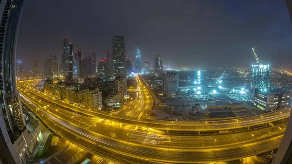 Dubaï Skyline Night Day Panorama Aérien Avec Circulation Sur Autoroute — Photo