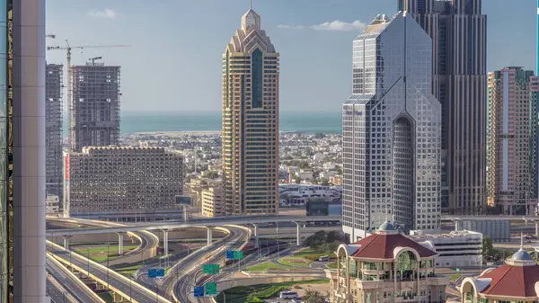 Aerial View Skyscrapers Road Junction Dubai Timelapse Traffic Intersection Modern — Stock Photo, Image