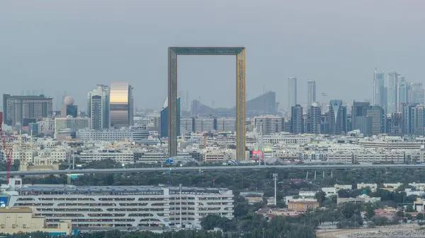 Vista Panorámica Los Rascacielos Los Distritos Deira Sharjah Dubái Hora —  Fotos de Stock