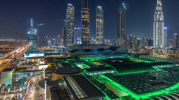 Aerial View Shopping Mall Financial Center Road Night Traffic Timelapse — Stock Photo, Image