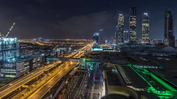 Aerial View Financial Center Road Night Day Transition Timelapse Shopping — Stock Photo, Image
