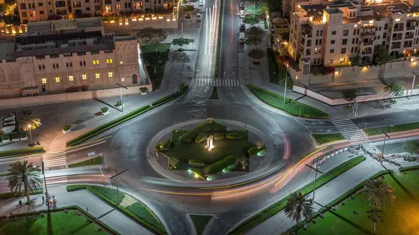 Aerial View Roundabout Circle Road Dubai Downtown Night Timelapse Traffic — Stock Photo, Image