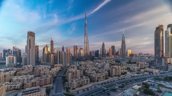 Dubai Downtown Skyline Burj Khalifa Other Towers Long Shadows Sunrise — Stock Photo, Image