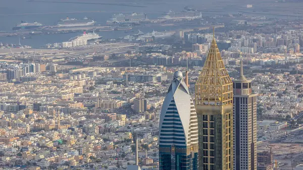 Downtown Dubai Morning Aerial Timelapse Skyscrapers Port Rashid Background Ships — Stock Photo, Image
