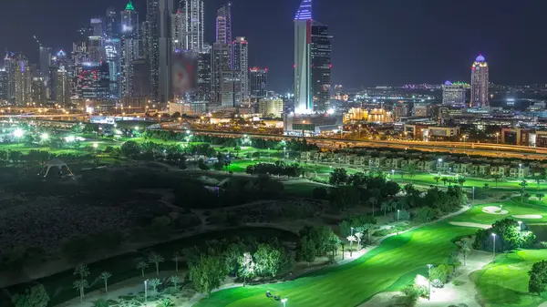 Dubai Marina Illuminated Skyscrapers Golf Course Night Timelapse Dubai United — Stock Photo, Image