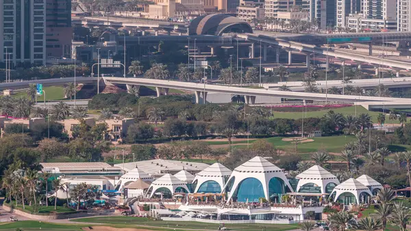 Dubai Marina Wolkenkrabbers Paviljoenen Golfbaan Ochtend Timelapse Dubai Verenigde Arabische — Stockfoto