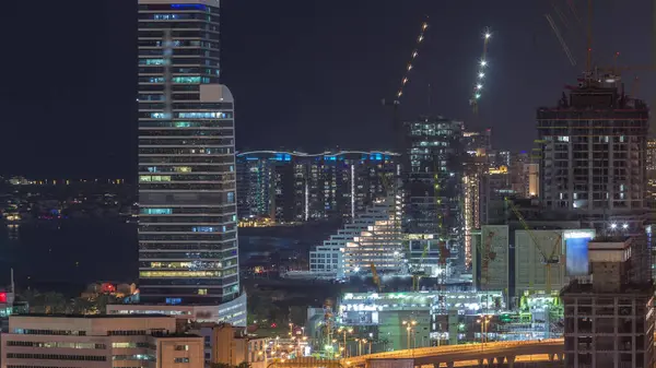 Dubai Media City Wolkenkrabbers Bouwplaats Palm Jumeirah Night Timelapse Dubai — Stockfoto