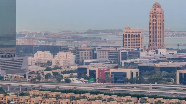 Dubai Media City Skyskrapor Och Golfbana Morning Timelapse Dubai Förenade — Stockfoto